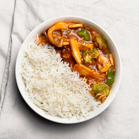 Chilli Babycorn & Mushroom Curry with Basmati Rice