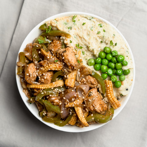 Honey Garlic Chicken with Potato Mash & Peas