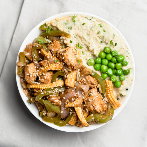 Honey Garlic Chicken with Potato Mash & Peas