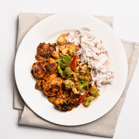 Tandoori Chicken With Spicy Vegetables & Raitha